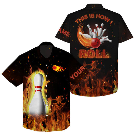 Personalisierte hawaiianische Bowlinghemden: "This is how I roll", schwarzes Flammen-Bowlinghemd, Bowling-Geschenke NQS4435