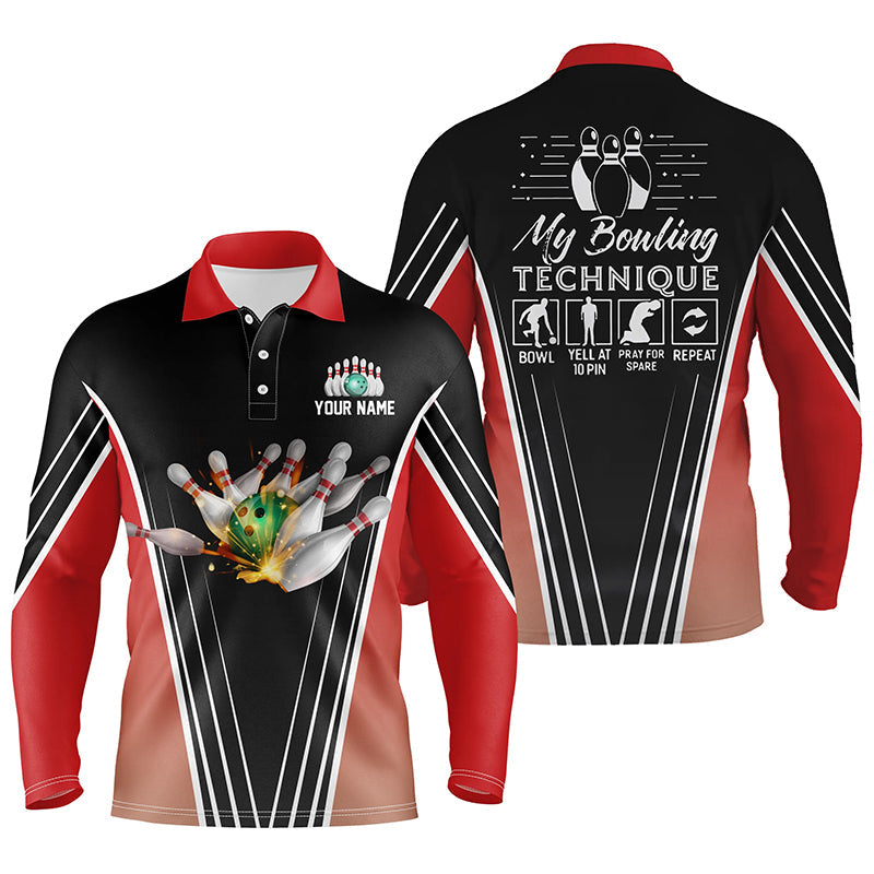 Lustige Herren-Bowling-Poloshirts, personalisierter Name: "Meine Bowling-Technik", Team-Bowlingtrikots | Rot NQS4814