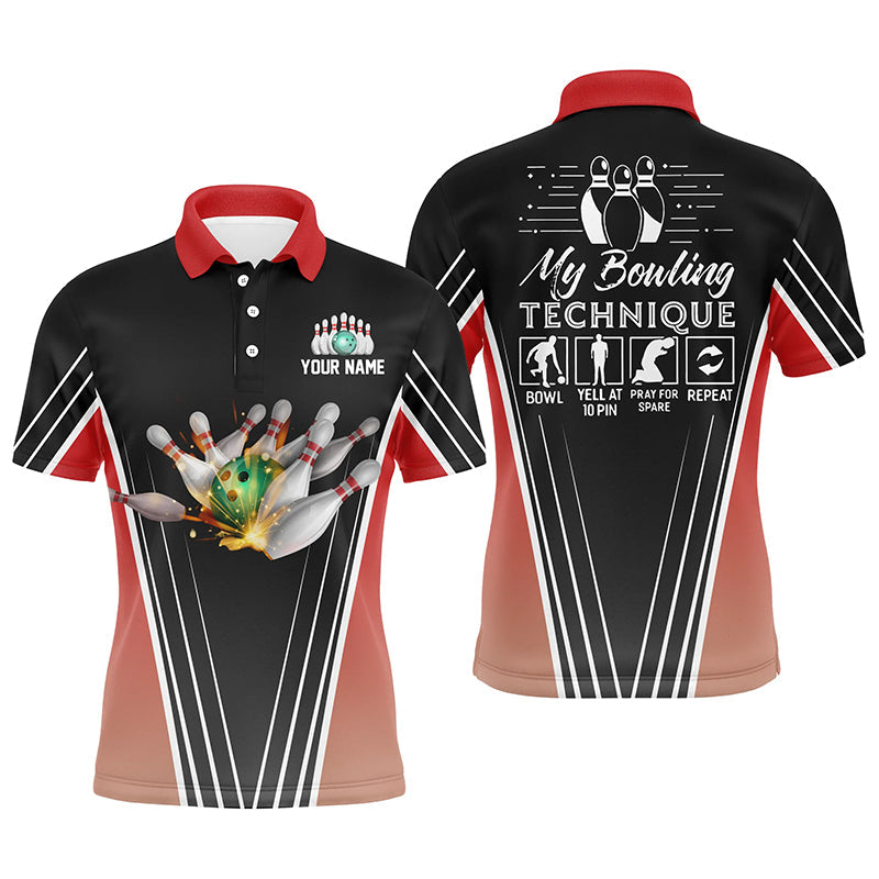 Lustige Herren-Bowling-Poloshirts, personalisierter Name: "Meine Bowling-Technik", Team-Bowlingtrikots | Rot NQS4814