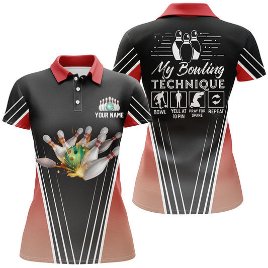 Lustige Damen-Bowling-Poloshirts, personalisierter Name: "Meine Bowling-Technik", Team-Bowlerinnen-Trikots | Rot NQS4814