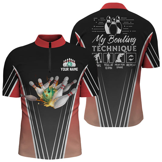 Lustiges Herren-Bowlinghemd mit Viertelreißverschluss, personalisierter Name: "Meine Bowling-Technik", Team-Bowlingtrikots | Rot NQS4814