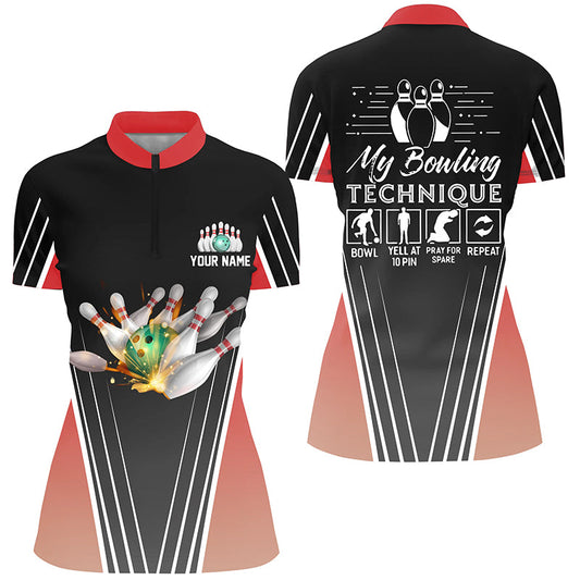 Lustiges Damen-Bowlinghemd mit Viertelreißverschluss, personalisierter Name: "Meine Bowling-Technik", Team-Bowlingtrikots | Rot NQS4814