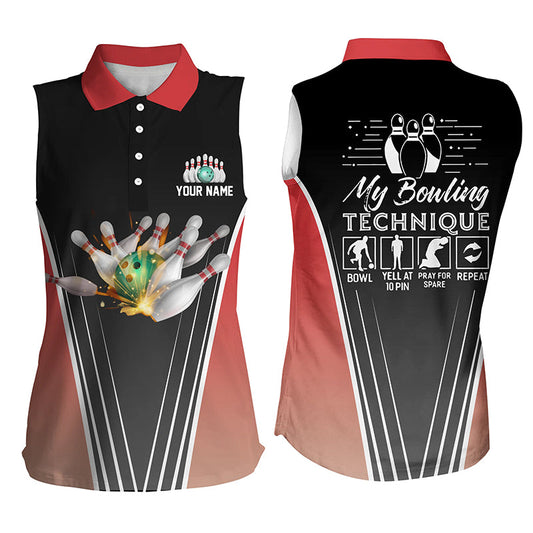 Lustige ärmellose Damen-Bowling-Poloshirts, personalisierter Name: "Meine Bowling-Technik", Bowlingtrikots | Rot NQS4814