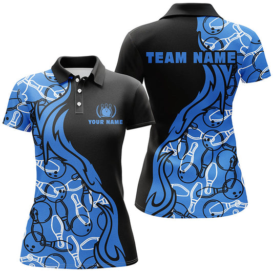 Schwarz-blaue gemusterte Bowling-Poloshirts für Damen, maßgeschneiderte Bowling-Teamtrikots für Bowlerinnen NQS5355