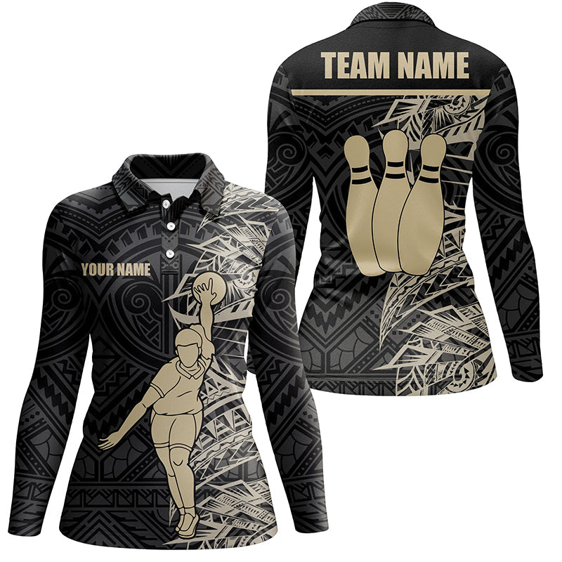 Personalisierte Bowling-Poloshirts für Damen – Gold-Schwarz Tribal-Team-Bowling-Trikot, Geschenk für Sie NQS6031