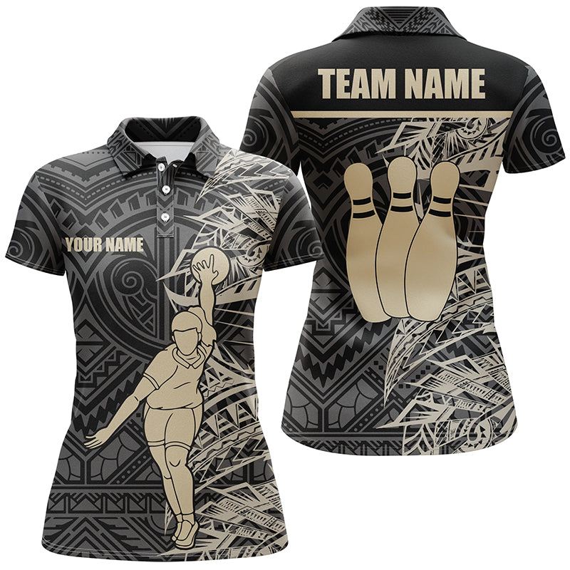 Personalisierte Bowling-Poloshirts für Damen – Gold-Schwarz Tribal-Team-Bowling-Trikot, Geschenk für Sie NQS6031