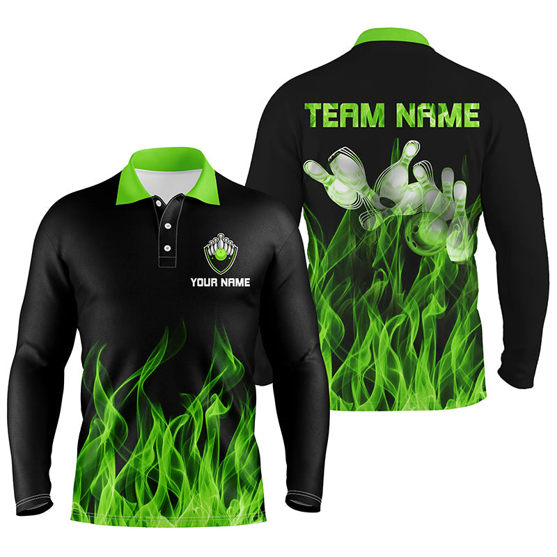 Personalisierte Herren-Bowling-Poloshirts – Grüne Flammen, Bowlingkugel und Pins, Bowling-Trikots für Herren-Bowler NQS6034