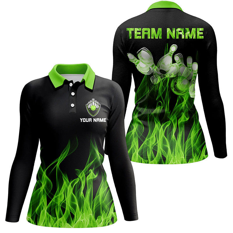 Grüne Flammen Damen-Bowling-Poloshirt – Schwarze Bowling-Trikots, personalisierte Bowling-Team-Shirts NQS6034