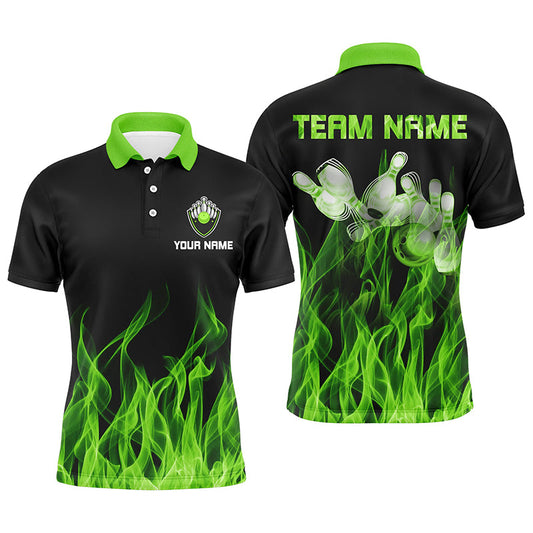 Personalisierte Herren-Bowling-Poloshirts – Grüne Flammen, Bowlingkugel und Pins, Bowling-Trikots für Herren-Bowler NQS6034