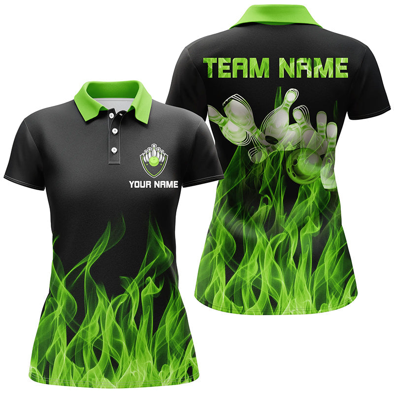 Grüne Flammen Damen-Bowling-Poloshirt – Schwarze Bowling-Trikots, personalisierte Bowling-Team-Shirts NQS6034