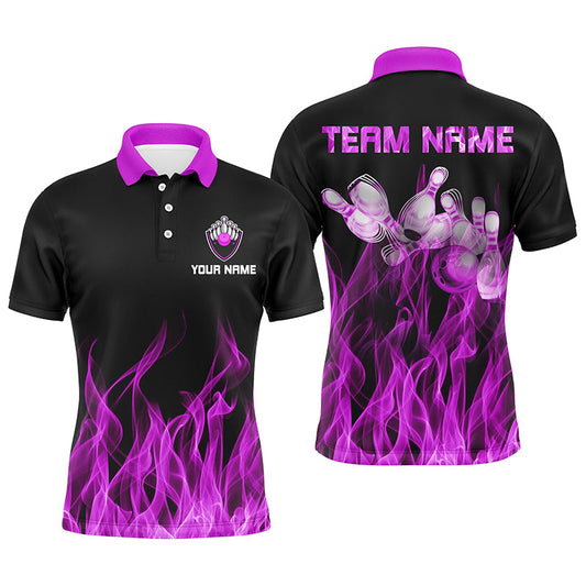 Personalisierte Herren-Bowling-Poloshirts – Lila Flammen, Bowlingkugel und Pins, Bowling-Trikots für Herren-Bowler NQS6035