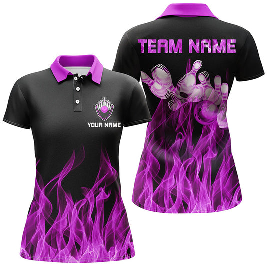 Lila Flammen Damen-Bowling-Poloshirt – Schwarze Bowling-Trikots, personalisierte Bowling-Team-Shirts NQS6035