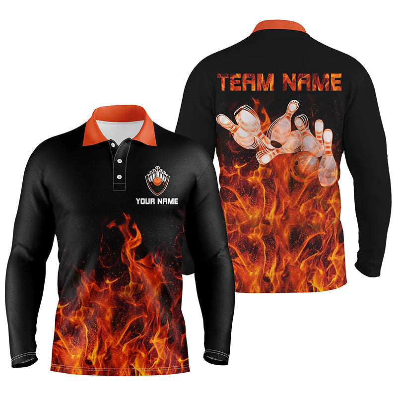 Personalisierte Herren-Bowling-Poloshirts – Orange Flammen, Bowlingkugel und Pins, Bowling-Trikots für Herren-Bowler NQS6036