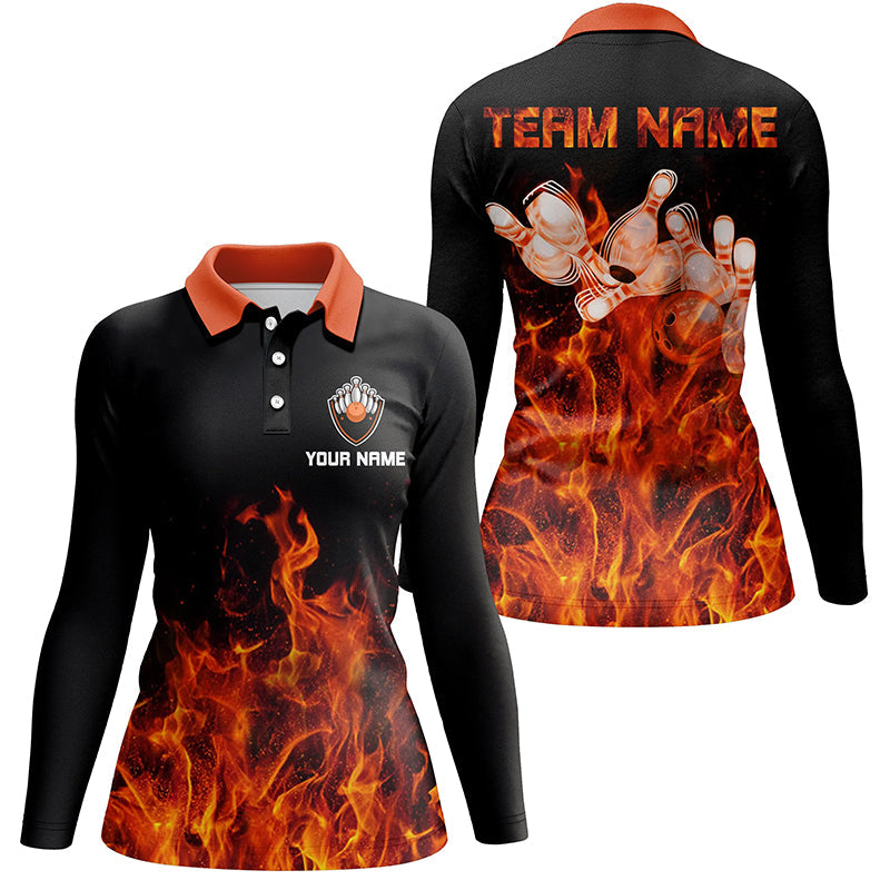 Flammen-Damen-Bowling-Poloshirt – Schwarze Bowling-Trikots, personalisierte Bowling-Team-Shirts NQS6036