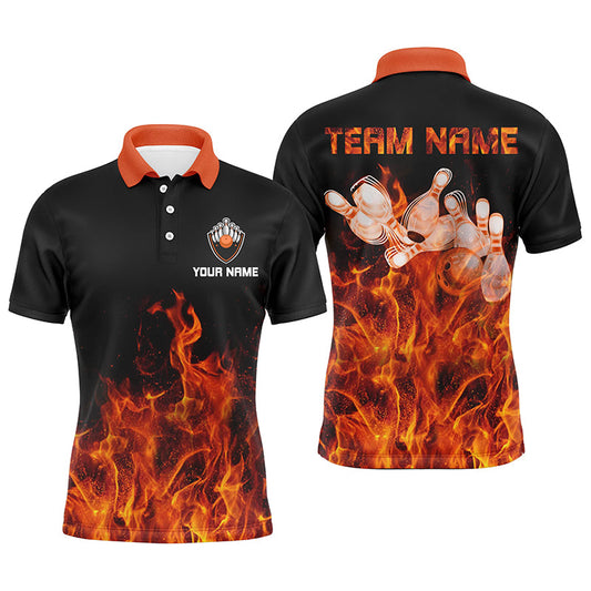 Personalisierte Herren-Bowling-Poloshirts – Orange Flammen, Bowlingkugel und Pins, Bowling-Trikots für Herren-Bowler NQS6036