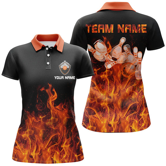 Flammen-Damen-Bowling-Poloshirt – Schwarze Bowling-Trikots, personalisierte Bowling-Team-Shirts NQS6036