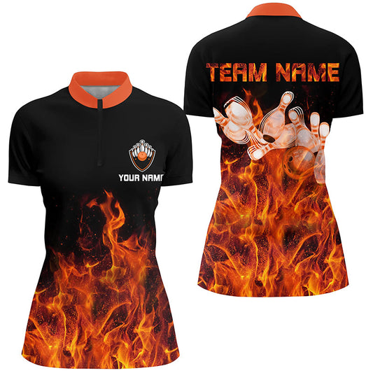 Flammen-Bowling-Quarter-Zip-Shirt für Damen – Schwarze Bowling-Trikots, personalisierte Bowling-Team-Shirts NQS6036