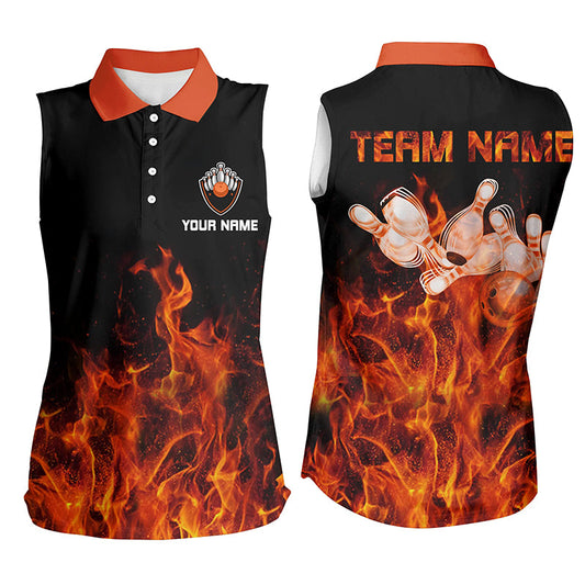 Personalisierte Damen-Ärmellose Poloshirts – Orange Flammen, Bowlingkugel & Pins, Bowling-Trikots für Bowler NQS6036