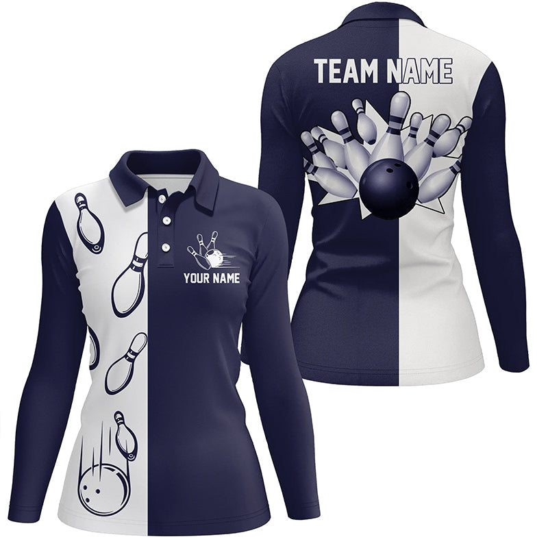 Marineblau-weiße Retro-Vintage-Bowling-Poloshirts für Damen – Individuelle Bowling-Team-Trikots NQS6480