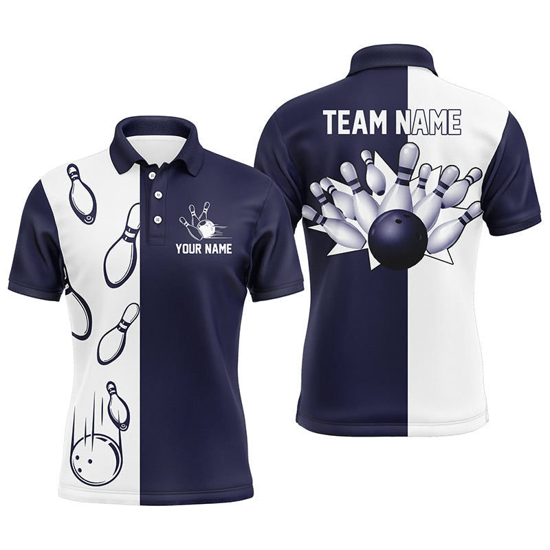 Marineblau-weiße Retro-Vintage-Bowling-Poloshirts für Herren – Individuelle Bowling-Team-Trikots NQS6480