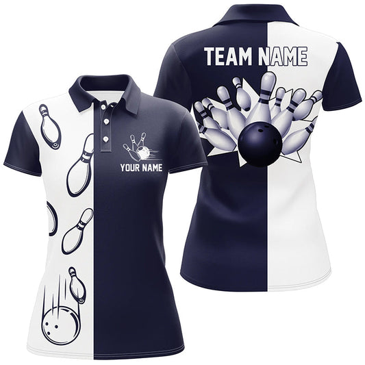 Marineblau-weiße Retro-Vintage-Bowling-Poloshirts für Damen – Individuelle Bowling-Team-Trikots NQS6480