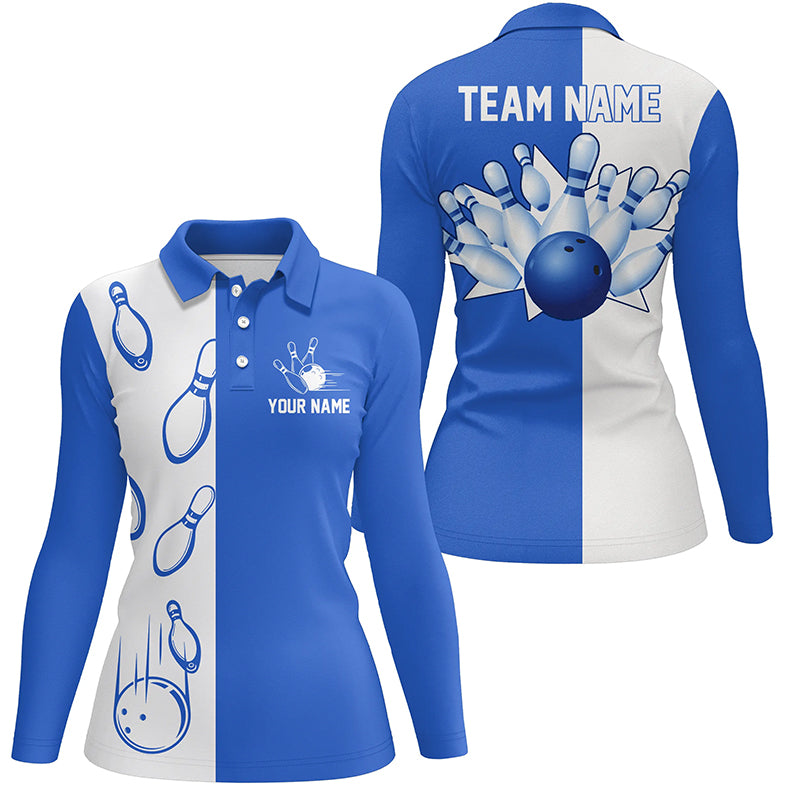 Blau-weiße Retro-Vintage-Bowling-Poloshirts für Damen – Individuelle Bowling-Team-Trikots NQS6481