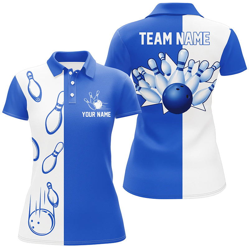 Blau-weiße Retro-Vintage-Bowling-Poloshirts für Damen – Individuelle Bowling-Team-Trikots NQS6481