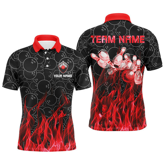 Personalisierte Herren-Poloshirts – Rote Flammen-Bowlingkugel & Pins Camo-Bowling-Trikots für Herren-Bowler NQS6739