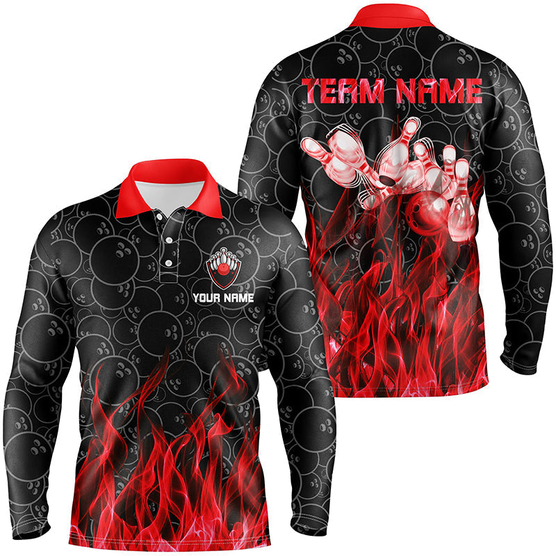 Personalisierte Herren-Poloshirts – Rote Flammen-Bowlingkugel & Pins Camo-Bowling-Trikots für Herren-Bowler NQS6739