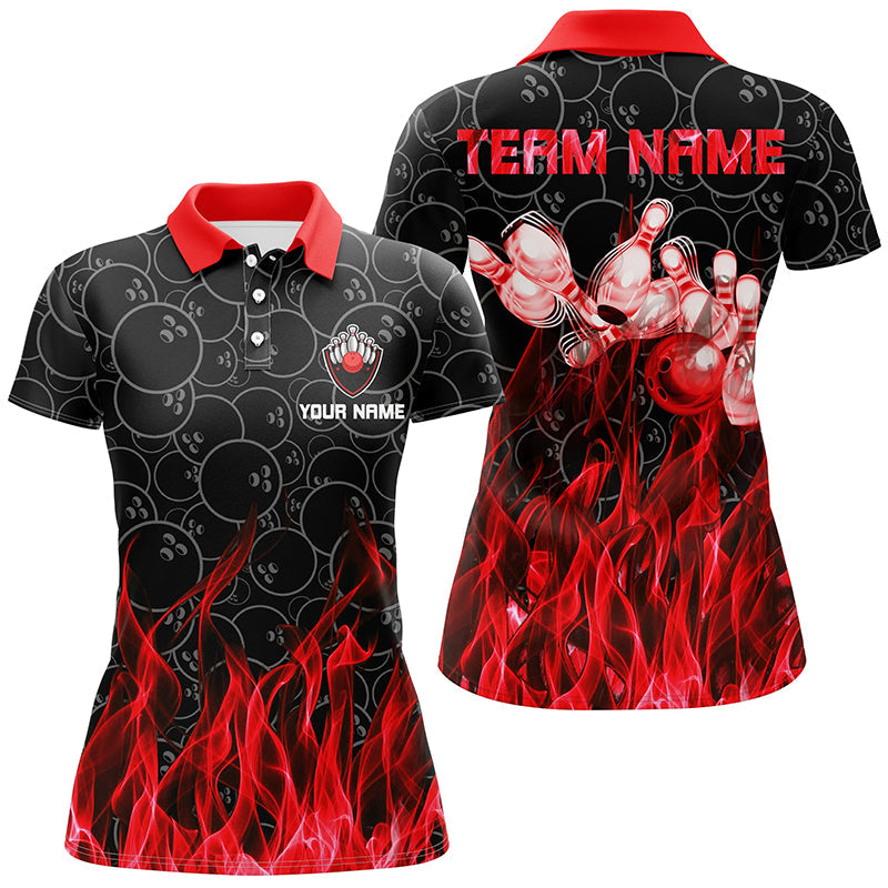 Rote Flammen-Bowling-Poloshirts für Damen – Schwarzes Camo-Bowling-Trikots Personalisierte Bowling-Team-Shirts NQS6739