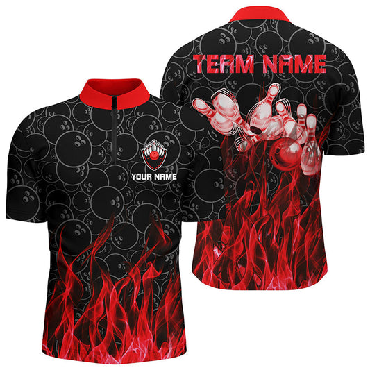 Personalisierte Herren-Quarter-Zip-Bowling-Shirts – Rote Flammen-Bowlingkugel & Pins Camo-Bowling-Trikots für Bowler NQS6739