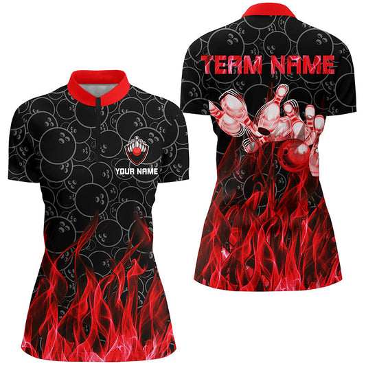 Rote Flammen-Bowling-Quarter-Zip-Shirts für Damen – Schwarzes Camo-Bowling-Trikots Personalisierte Bowling-Team-Shirts NQS6739