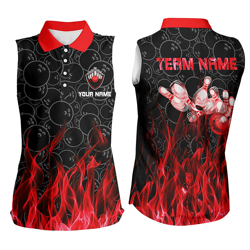 Personalisierte Ärmellose Bowling-Poloshirts für Damen – Rote Flammen-Camo-Bowlingkugel & Pins Bowling-Trikots für Bowler NQS6739