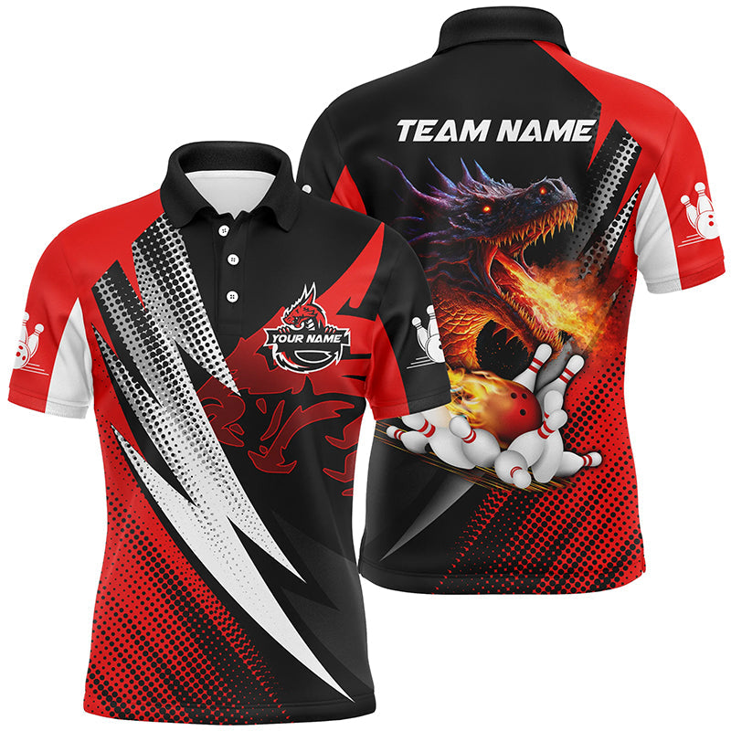 Rot-schwarze Flammendrachen-Bowlingkugeln & Pins, Individuelle Bowling-Poloshirts für Herren – Team-Bowling-Trikots NQS6497