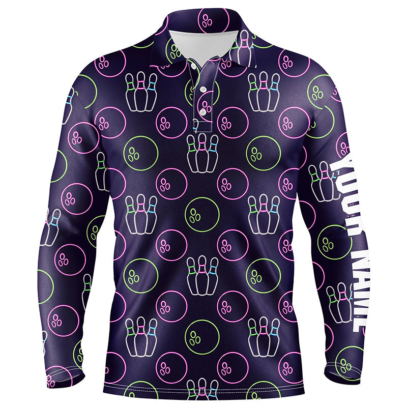 Lila-Neon Bowling nahtloses Muster – Individuelle Herren-Bowling-Poloshirts, Bowling-Team-Liga-Trikots NQS6762