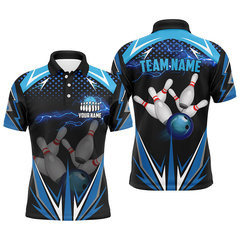 Schwarzes Herren-Bowling-Poloshirt – Individuelle Bowler-Trikots mit blauem Blitz für Herren, Team-Bowling-Outfits NQS6506