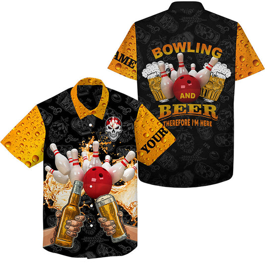 Lustige Bowling-Bier-Schädel-Hawaiianische Bowlinghemden, personalisierter Name, "Bowling und Bier, deshalb bin ich hier" NQS4478