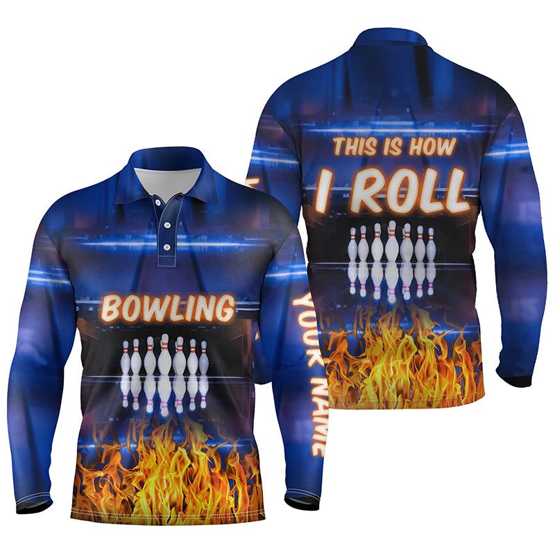 Individuelles blaue Flammen-Poloshirt für Herren – „This is how I roll“-Team-Bowling-Trikots NQS5634