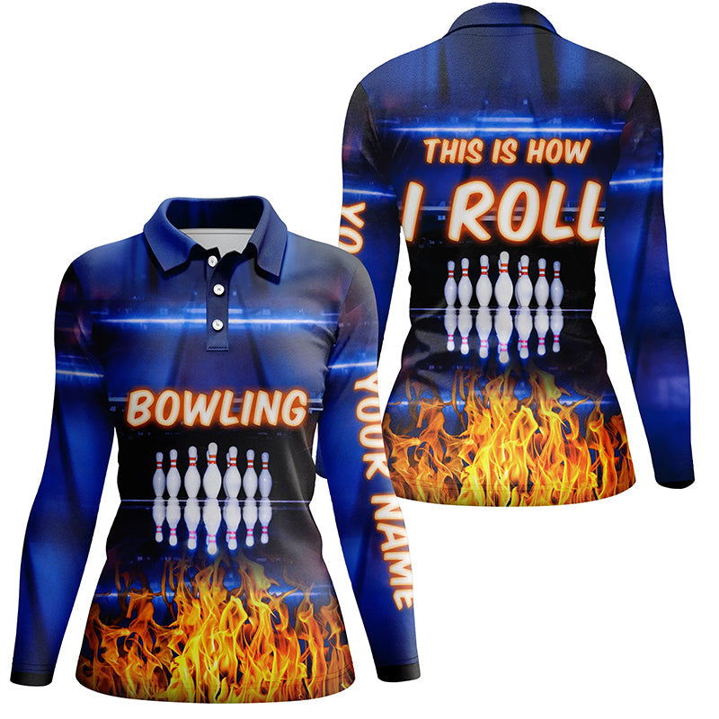 Individuelles blaue Flammen-Poloshirt für Damen – „This is how I roll“-Team-Bowling-Trikots NQS5634