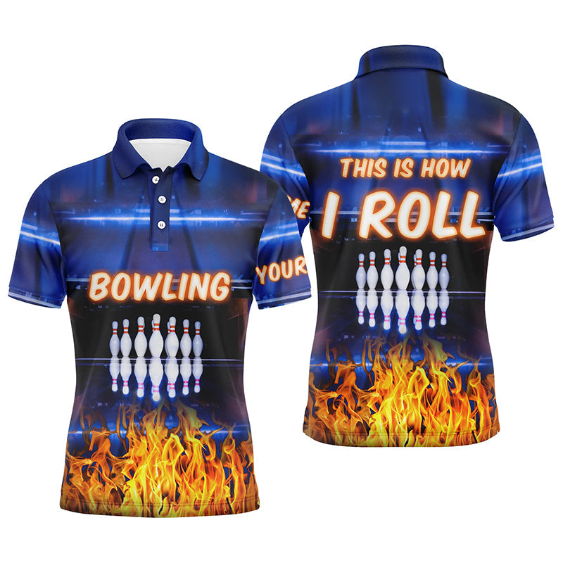 Individuelles blaue Flammen-Poloshirt für Herren – „This is how I roll“-Team-Bowling-Trikots NQS5634