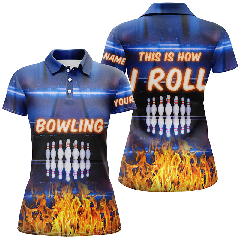 Individuelles blaue Flammen-Poloshirt für Damen – „This is how I roll“-Team-Bowling-Trikots NQS5634