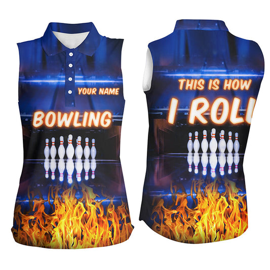 Individuelles blaue Flammen-Ärmelloses Poloshirt für Damen – „This is how I roll“-Team-Bowling-Trikots NQS5634