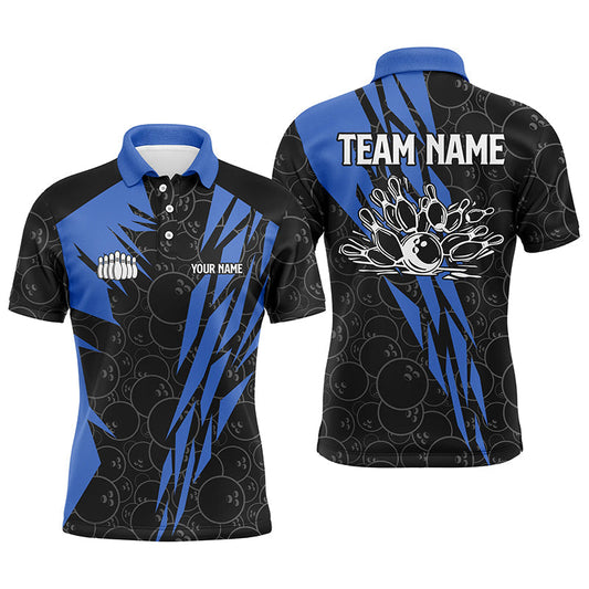 Schwarzes Bowling-Camo-Bowling-Poloshirt für Herren – Individuelles Bowling-Strike-Team-Liga-Trikot | Blau NQS6771