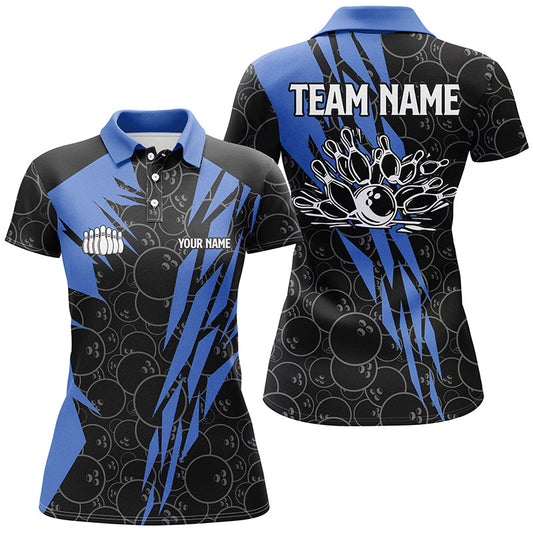 Schwarzes Bowling-Camo-Bowling-Poloshirt für Damen – Individuelles Bowling-Strike-Team-Liga-Trikot | Blau NQS6771