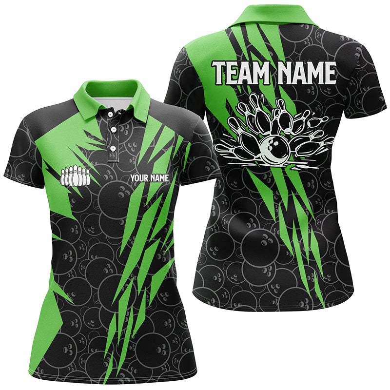 Schwarzes Bowling-Camo-Bowling-Poloshirt für Damen – Individuelles Bowling-Strike-Team-Liga-Trikot | Grün NQS6772