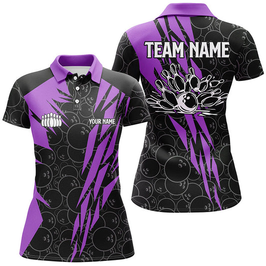 Schwarzes Bowling-Camo-Bowling-Poloshirt für Damen – Individuelles Bowling-Strike-Team-Liga-Trikot | Lila NQS6773