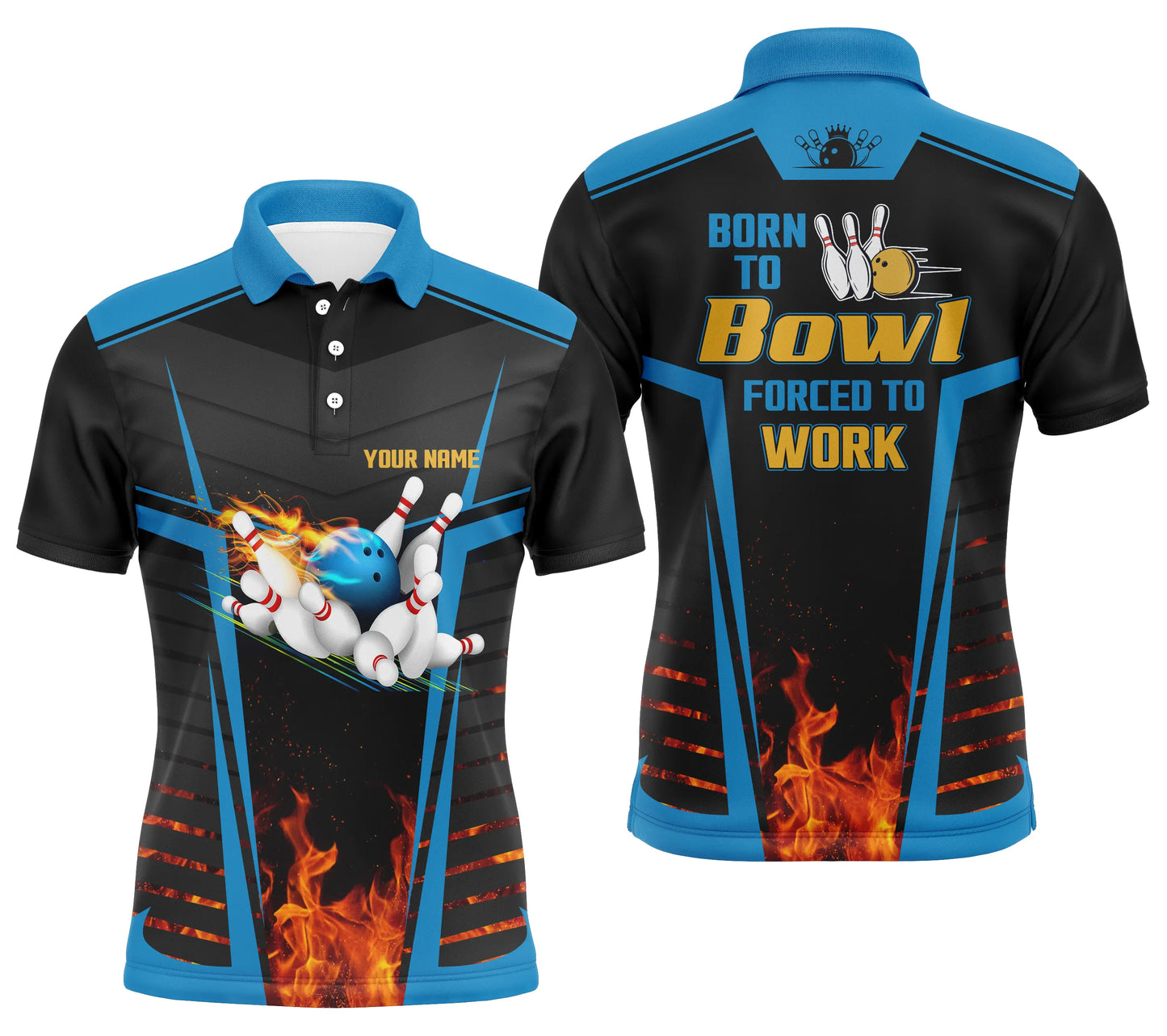 Herren-Bowling-Poloshirts, personalisierter Name: "Born to bowl, forced to work", Flammen-Bowlingtrikot | Blau NQS4848