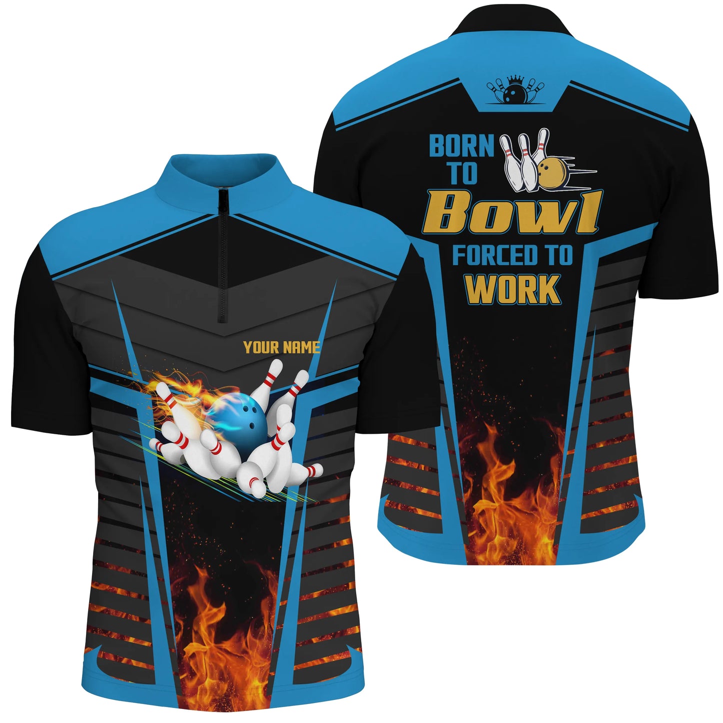 Herren-Bowlinghemd mit Viertelreißverschluss, personalisierter Name: "Born to bowl, forced to work", Flammen-Bowlingtrikot | Blau NQS4848