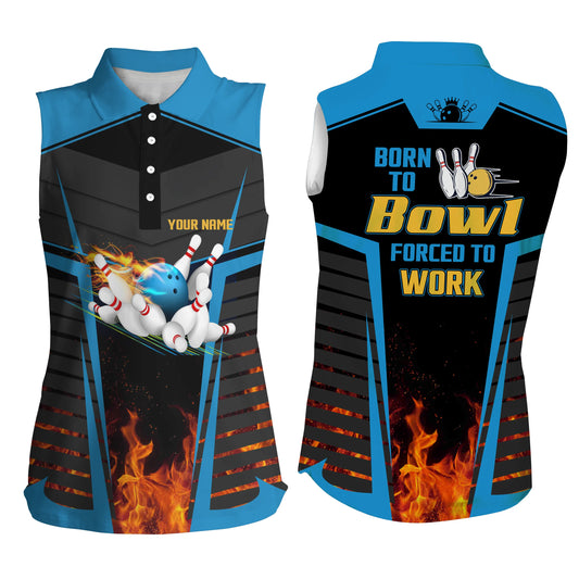 Ärmelloses Damen-Bowling-Poloshirt, personalisiert: "Born to bowl, forced to work", Flammen-Bowlingtrikot | Blau NQS4848