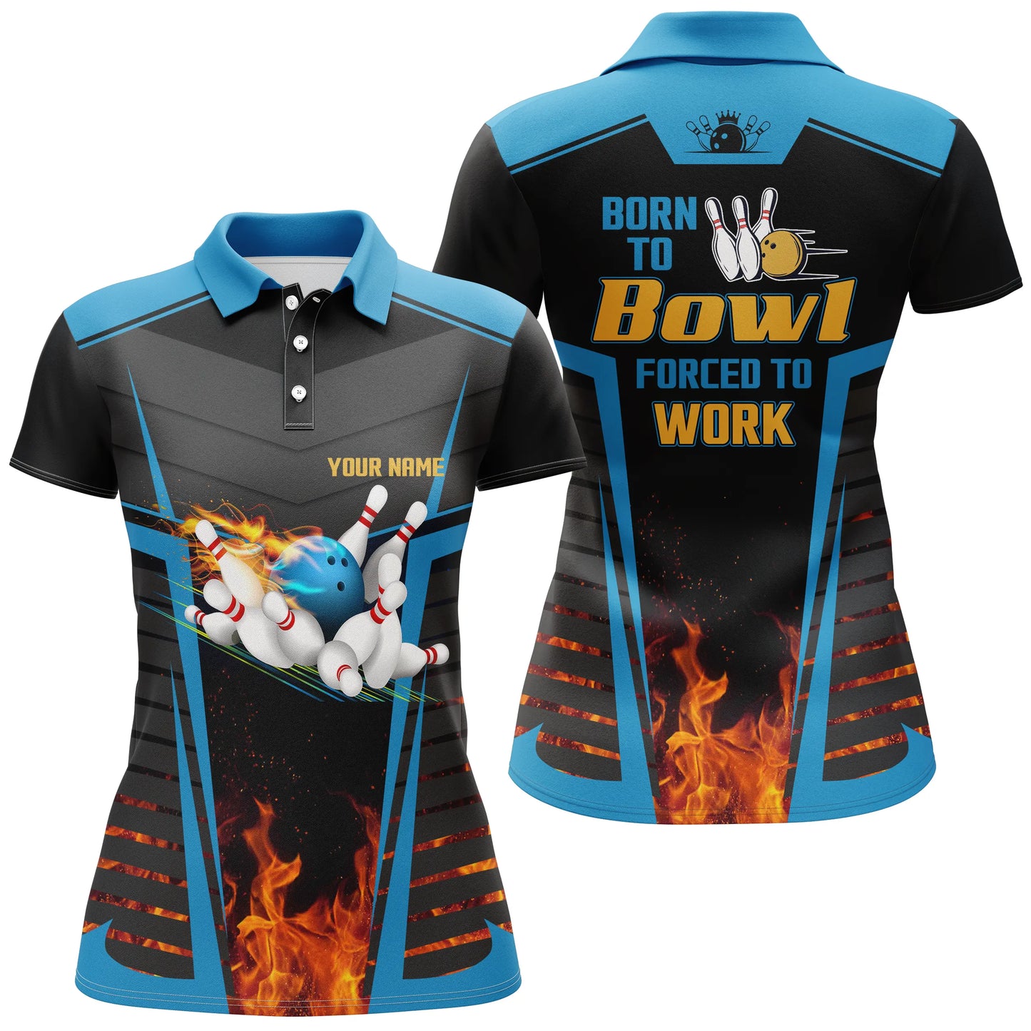 Damen-Bowling-Poloshirts, personalisierter Name: "Born to bowl, forced to work", Flammen-Bowlingtrikot | Blau NQS4848